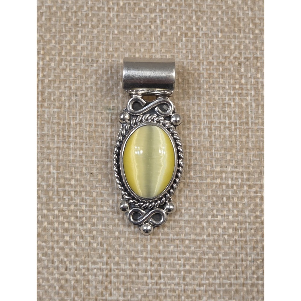 Vintage Victorian Style Sterling Silver Yellow Cat's Eye Slide Pendant
